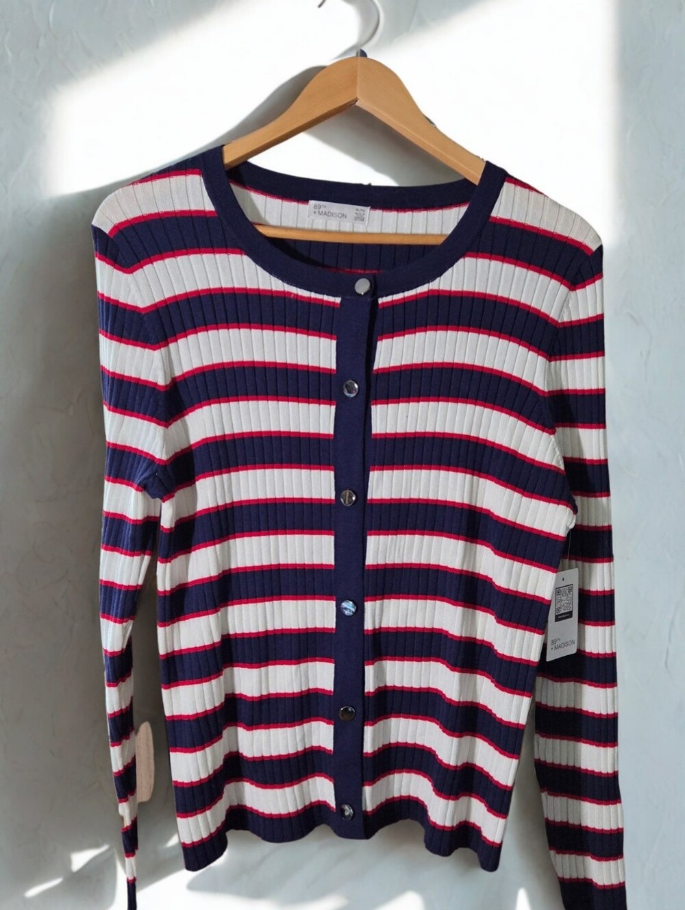89th & Madison Navy, White & Red Striped Ribbed Button Cardigan NWT